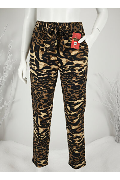 Altınay Leopard Patterned Pocket Suede Winter Pajama Bottoms 2021-s10