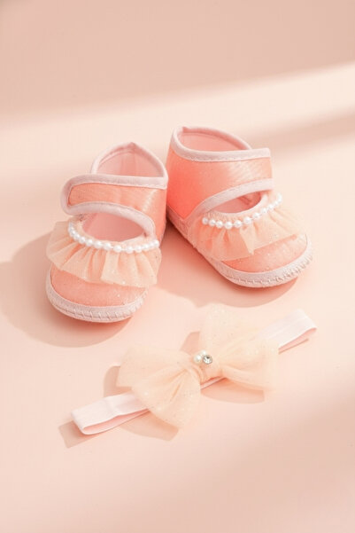 lilico Salmon Lace Glitter Bow Bandana Newborn Booties