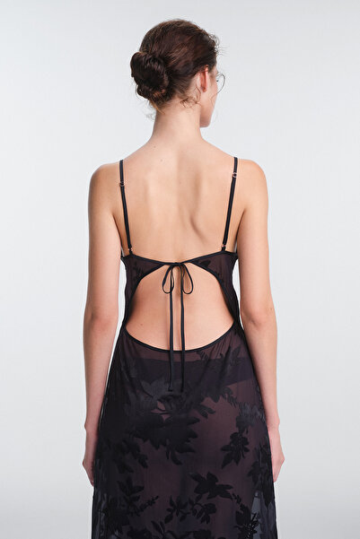 Penti Siyah Amara Çiçek Desenli Ayarlanabilir Askılı Uzun Gecelik