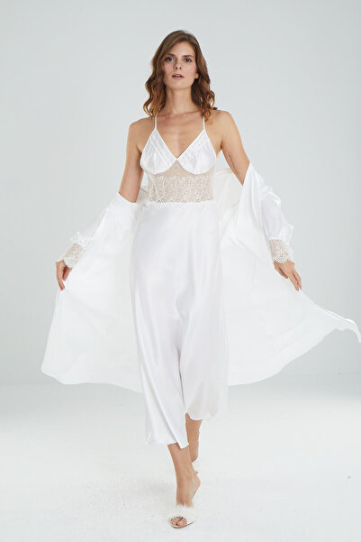 MOONGIRL KADIN SATEN EKRU SABAHLIK GECELİK TAKIM