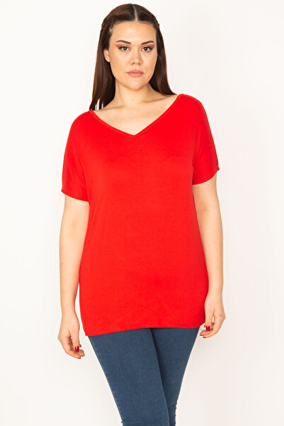 Şans Women's Large Size Red Backless Viscose Tunic 65n15439