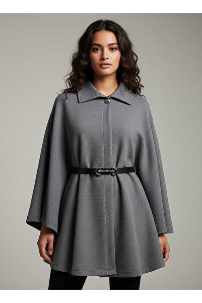 Şiir Oron Women's Belt Detailed Ottoman Cape & Poncho - Smoked