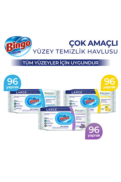 Bingo Yüzey Temizlik Havlusu Beyaz Sabun, Lavanta & Limon 96'lı (288 YAPRAK)