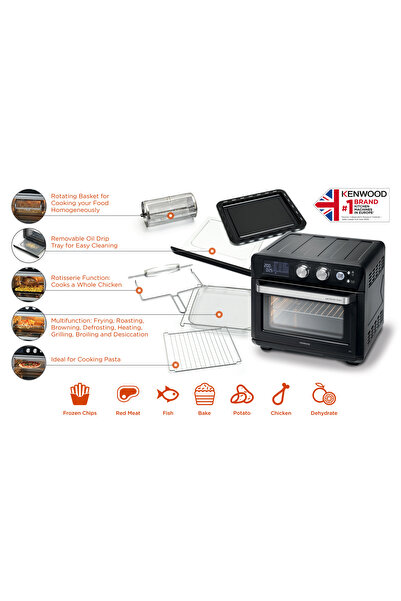 Kenwood فرن توستر 2 في 1 سعة 25 لتر مع وظيفة القلي الهوائي، شواية توستر كبيرة السعة، وظيفة الشواء الدوار للقلي والتحمير والشوي والخبز والتسخين وإذابة الجليد، طراز MOA26.600SS باللون الفضي