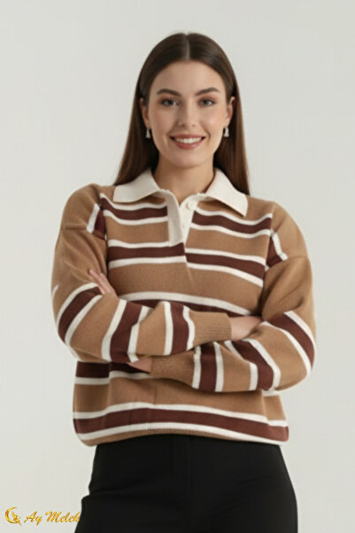 AYMELEK Women's Knitwear Sweater Polo Neck Striped Short Transitional Sweater