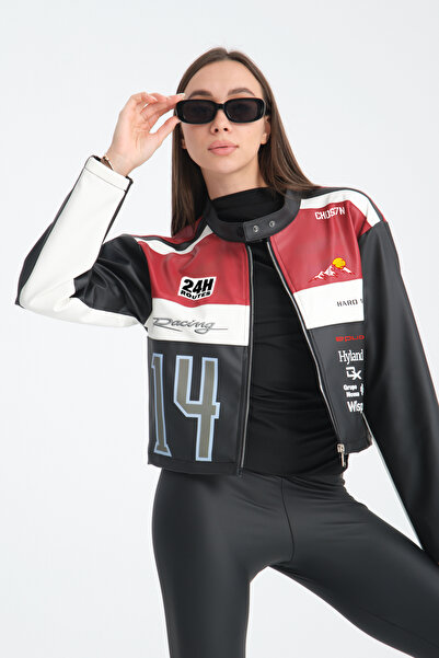 Black Level Palton de piele oversize pentru femei - Jachetă Bomber Racer cu imprimeu, dungi, fermoar și garnitură