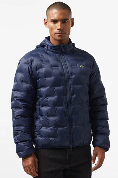 Lacoste Modern Quilted down Fill Jacket Goose down Filling Hidden Hooded Navy Blue Coat
