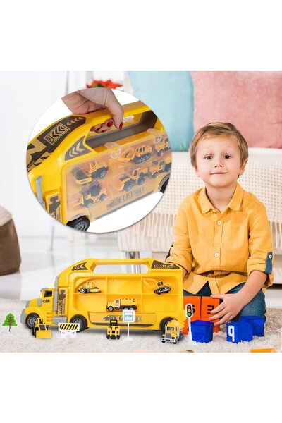 SOLTOY Camion cu 6 Masini de Constructie, Sunete si Lumini, Panou Transparent, Iesire Speciala pentru Masi