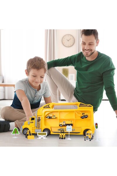SOLTOY Camion cu 6 Masini de Constructie, Sunete si Lumini, Panou Transparent, Iesire Speciala pentru Masi