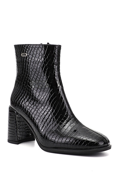 GÖNDERİ(R) Kadın Siyah Krako Fermuarlı Küt Burunlu Kalın Topuklu Bot