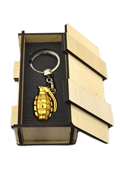 anahtarlıksepeti Hand Grenade - Grenade - Keychain - Gold - Wooden Box