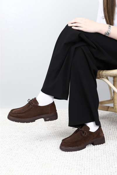 GÖNDERİ(R) Women's Brown Suede Lace-Up Genuine Leather Comfort Shoes