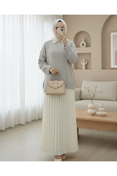 Modamorfo Bisiklet Yaka Eteği Fitilli Salaş Triko Kazak   -Gri