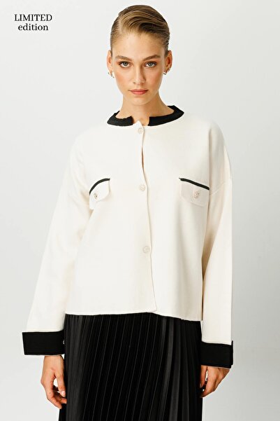 Hooopstore Πλεκτό Μπουφάν Contrast ριγέ - Κρεμ