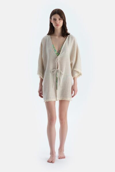 Dagi Ecru Rope Tie Detailed Kimono