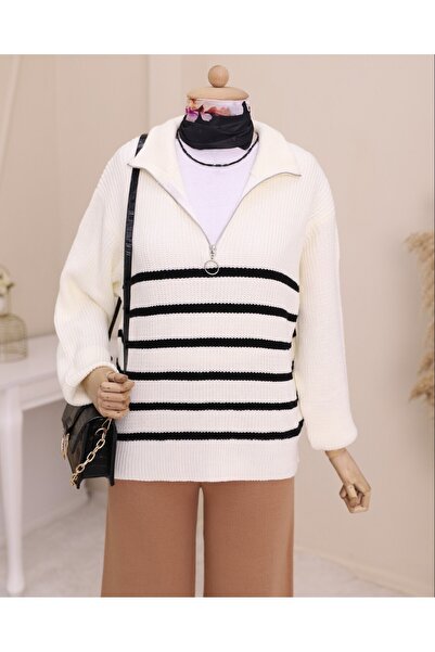 Modamorfo Светло-бежевый свитер с боковыми полосками и полузастежкой-молнией