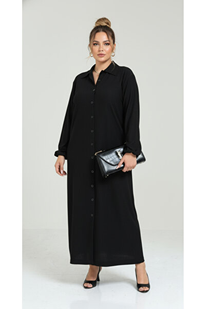 Talvien Büyük Beden Bürümcük Kumaş Uzun Elbise – Gömlek Yaka, Boydan Düğmeli