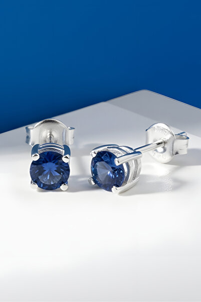 Takıdepo 5mm Safir Renk Zirkon Taşlı Tek Taş Model Küpe-Gümüş Rengi