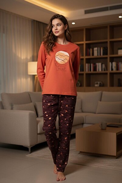 PİJAPİA طقم بيجامة نسائي بأكمام طويلة برتقالي 100% قطن