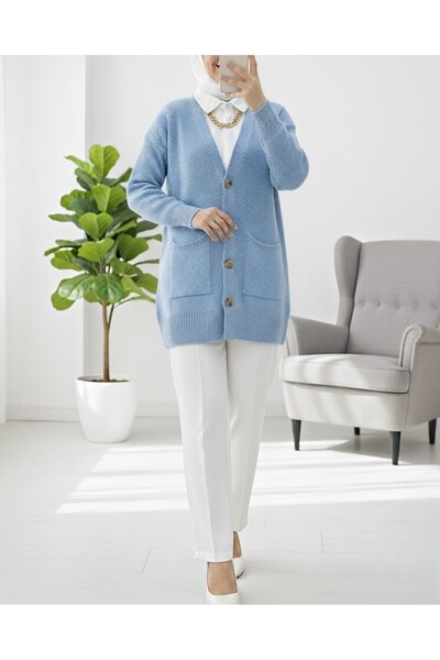 Modamorfo Çift Cepli Yumoş Örgü Hırka -Mavi