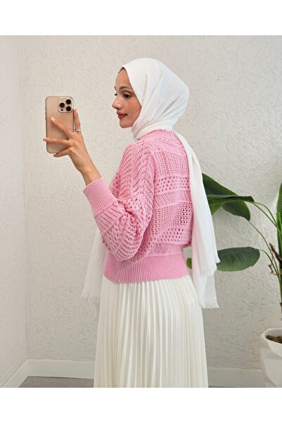 Modamorfo Openwork Buttoned Knitwear Cardigan -Pink