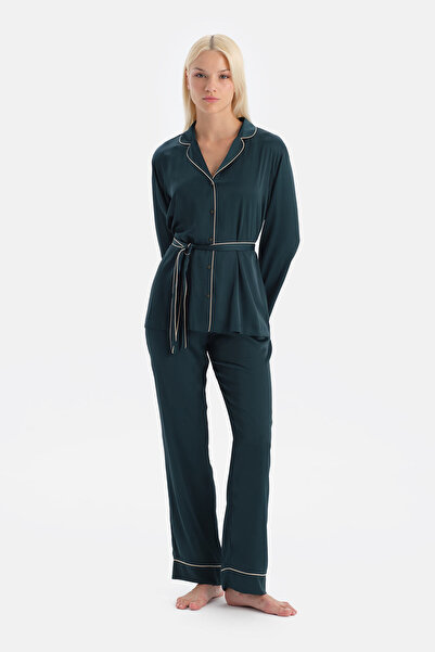 Dagi Dark Green Satin Trousers with Piping Detail