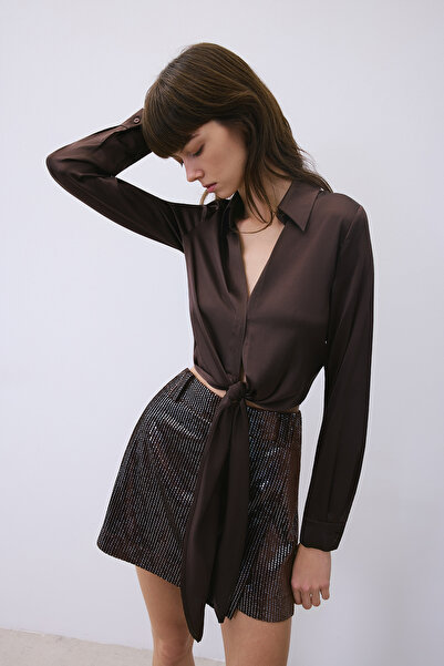 rue Tie-Up Silk Crop Brown Shirt Blouse