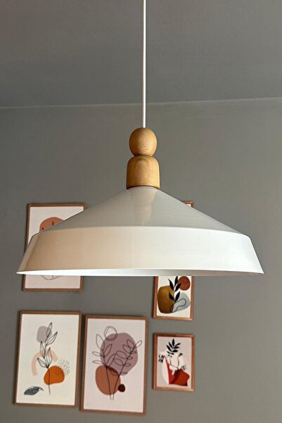 Bamyum Lema Beyaz Tekli Avize Kalın Ahşap Boncuk Başlık Sarkıt Lamba Restoran...