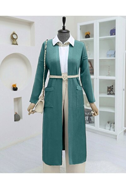 Modamorfo Slit Long Knitwear Cardigan with Pockets -Mint
