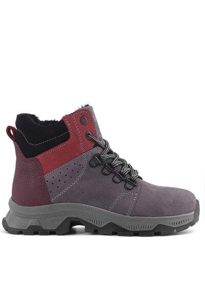 Rakerplus Genuine Leather Gray Claret Red Zippered Trekking Children's Boots