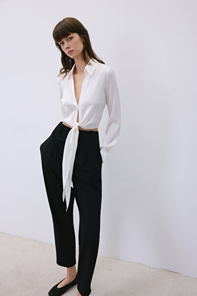 rue Tie-Up Silk Crop Ecru Shirt Blouse