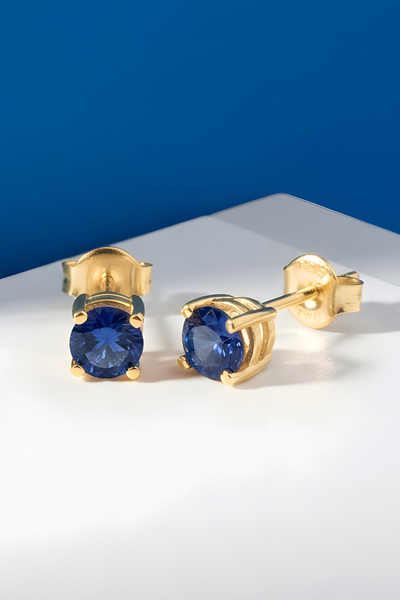 Takıdepo 5mm Safir Renk Zirkon Taşlı Tek Taş Model Küpe-Altın Rengi