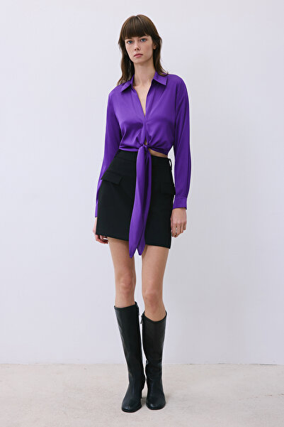 rue Tie-Up Silk Crop Purple Shirt Blouse