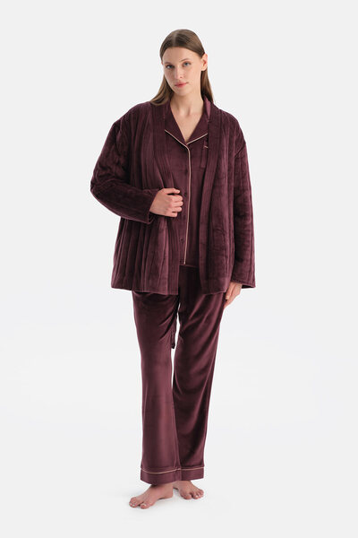 Dagi Burgundy Stripe Look Velvet Dressing Gown