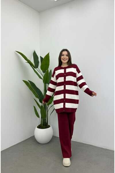 TOFİX textile طقم ملابس تريكو علوي وسفلي، بنطلون وكارديجان، موديل مخطط بأزرار