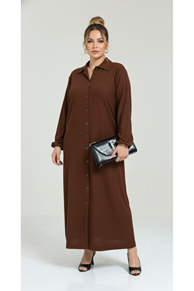 Talvien Büyük Beden Bürümcük Kumaş Uzun Elbise – Gömlek Yaka, Boydan Düğmeli