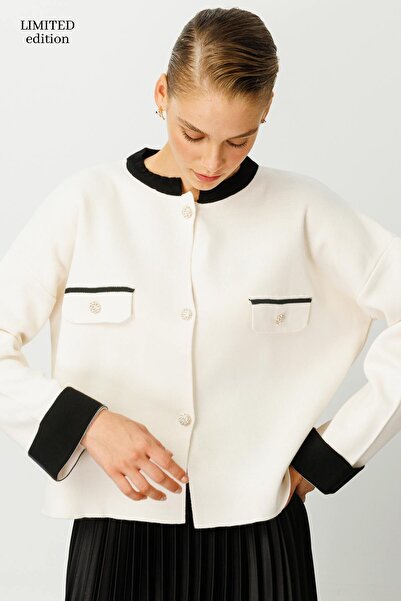 Hooopstore Πλεκτό Μπουφάν Contrast ριγέ - Κρεμ