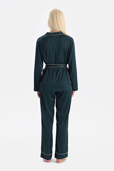 Dagi Dark Green Satin Trousers with Piping Detail