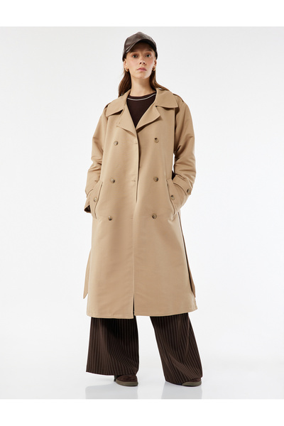 Koton Long Sleeve Buttoned Belt Detailed Pocketed Double Breasted Collar Trench Coat