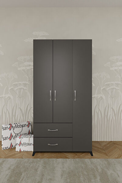 AYMOBSAN Mavera 3 Kapaklı 2 Çekmeceli Gardrop, Antrasit, 90 cm