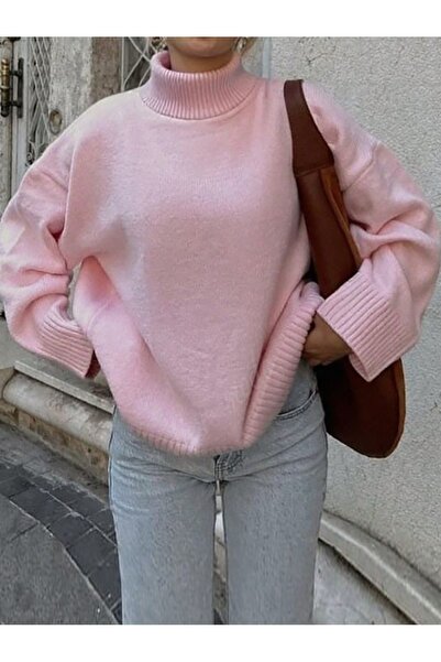 Dier Moda Γυναικείο πλεκτό πουλόβερ με ροζ ζιβάγκο oversized , πλεκτό πουλόβερ Fmoda1969