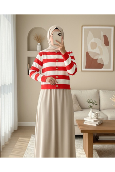 Modamorfo Ringed Metal Buttoned Short Cardigan - Pomegranate Flower