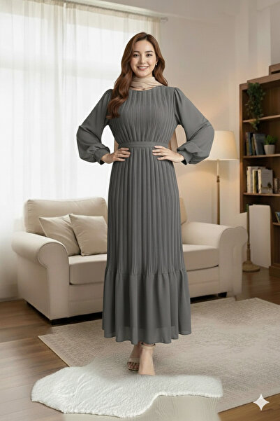 Sura Fashion Pleated Balloon Sleeve Chiffon Dress
