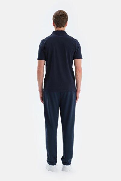 Dagi Navy Blue Polo Neck Silk Apre Short Sleeve T-Shirt