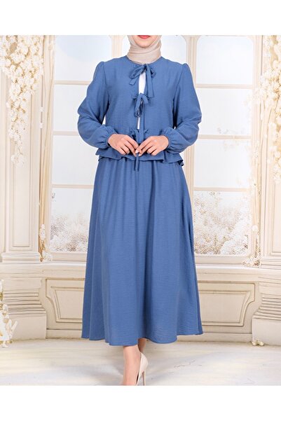 Modamorfo Lace-Up Front Sleeve Elastic Skirt Suit -Indigo