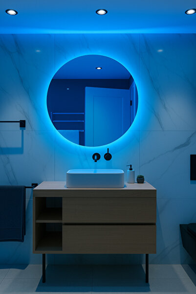 Digital Yuvarlak Led Işıklı Ayna Banyo, Antre, Yatak Odası Ve Makyaj Mavi 50,...