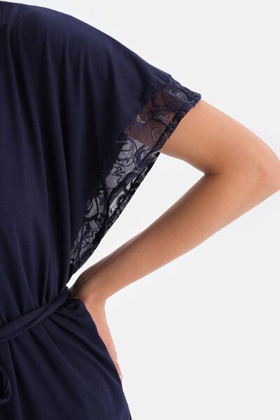 Dagi Navy Blue Viscose Dressing Gown with Lace Detail on the Sleeves