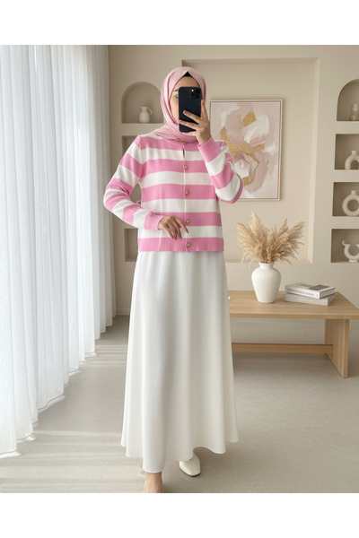 Modamorfo Ringed Short Cardigan with Metal Buttons - Pink