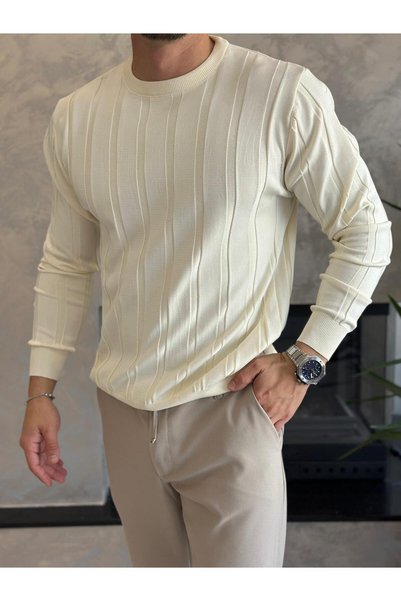 ECARTS Men's Regular Crew Neck Striped Knitwear Sweater Cream Eca050