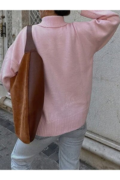 Dier Moda Γυναικείο πλεκτό πουλόβερ με ροζ ζιβάγκο oversized , πλεκτό πουλόβερ Fmoda1969